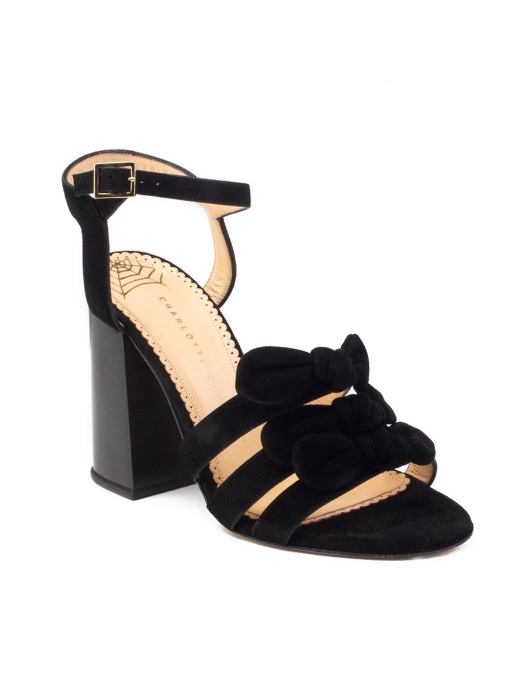 Charlotte Olympia bronte black suede strappy bow open toe heels sandals 38